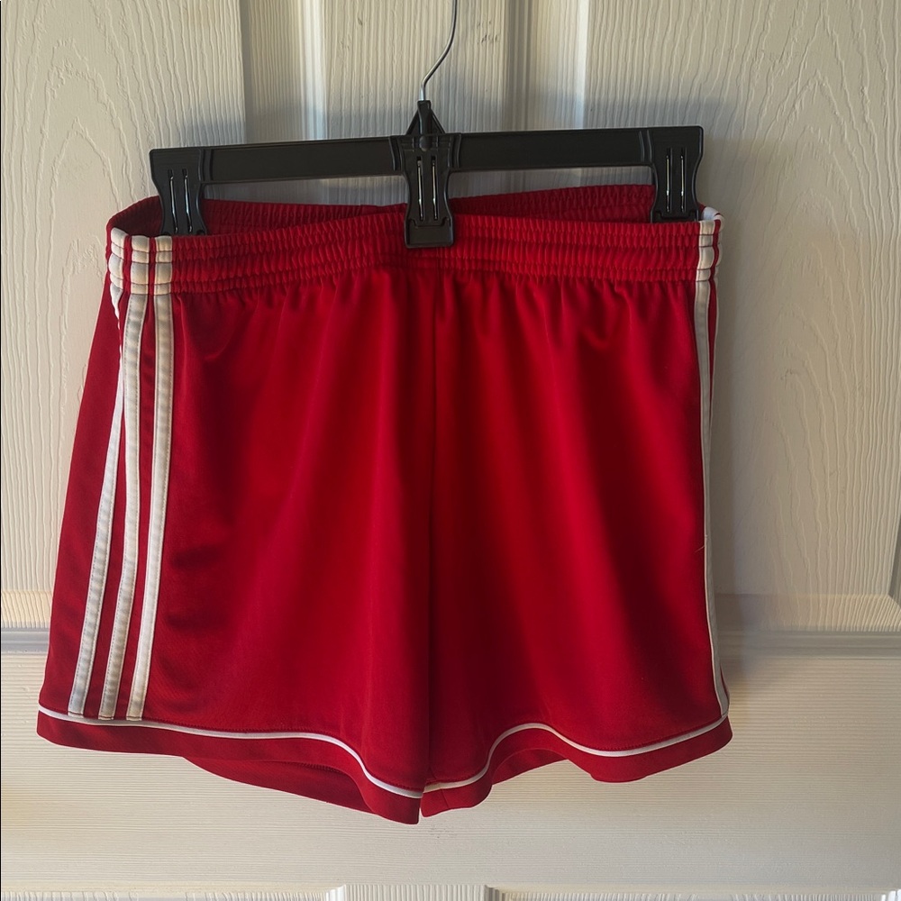 Red Adidas Shorts with White Stripes